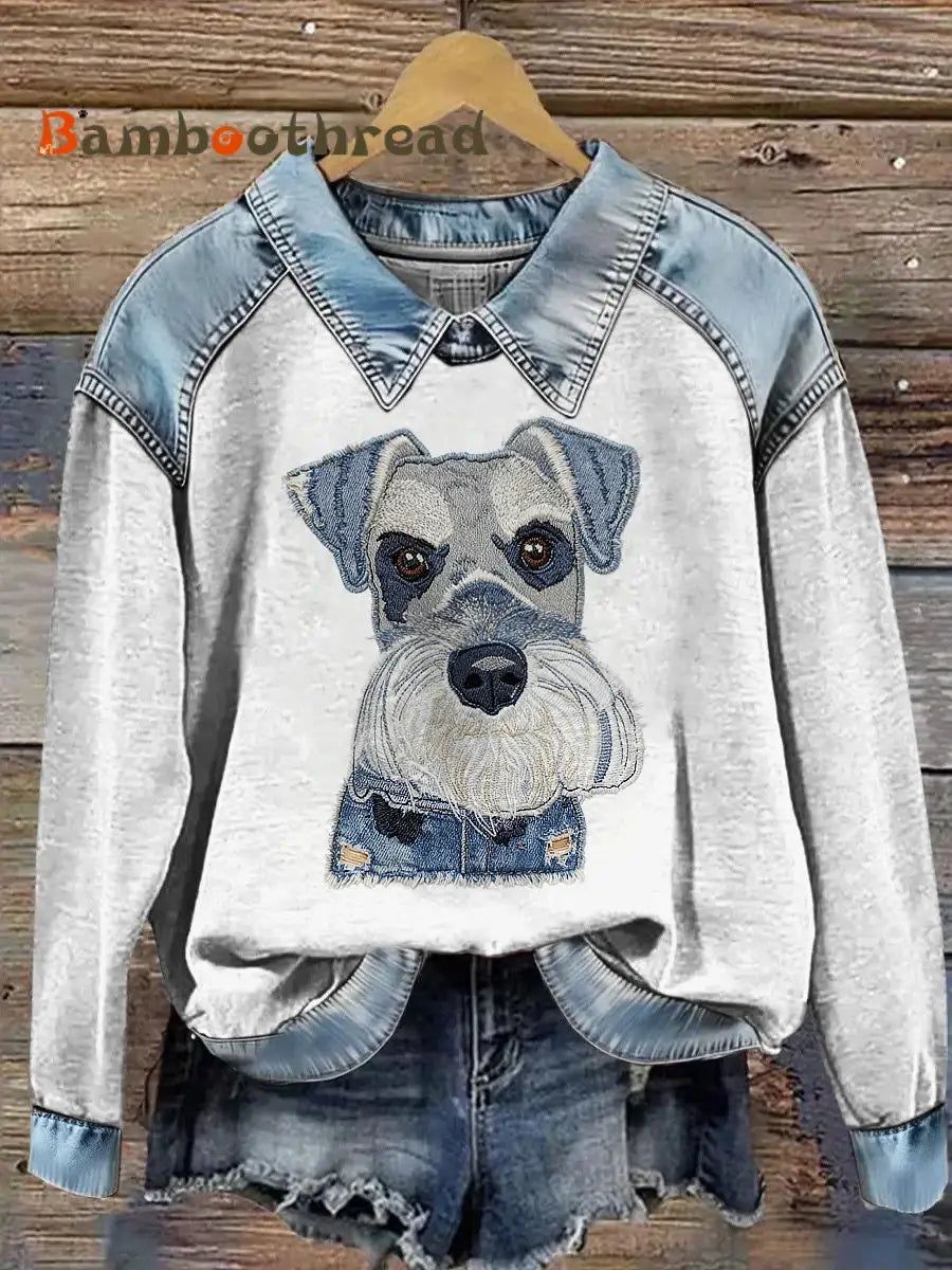 Women’s Cowboy Collage Animal Printed Denim Patchwork Lapel Long Sleeved Sweatshirt Light Gray / S