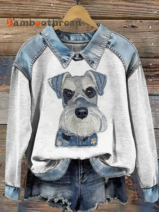 Women’s Cowboy Collage Animal Printed Denim Patchwork Lapel Long Sleeved Sweatshirt Light Gray / S