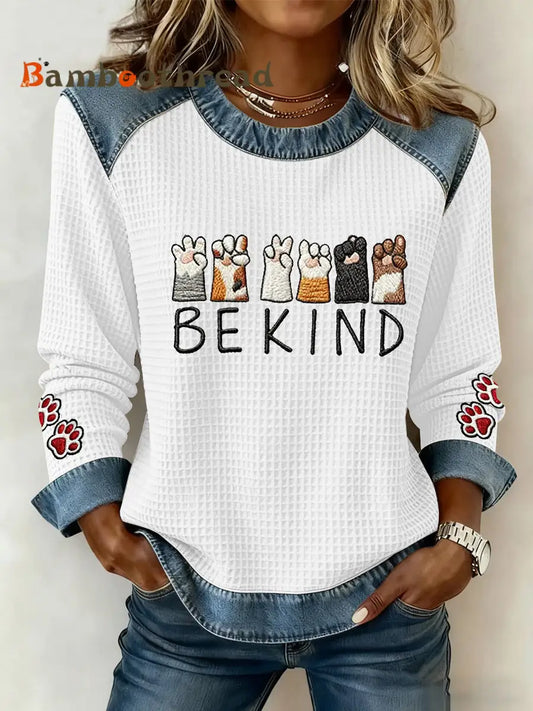 Women’s Cut Cat Paws Printed Denim Patchwork Top White / S