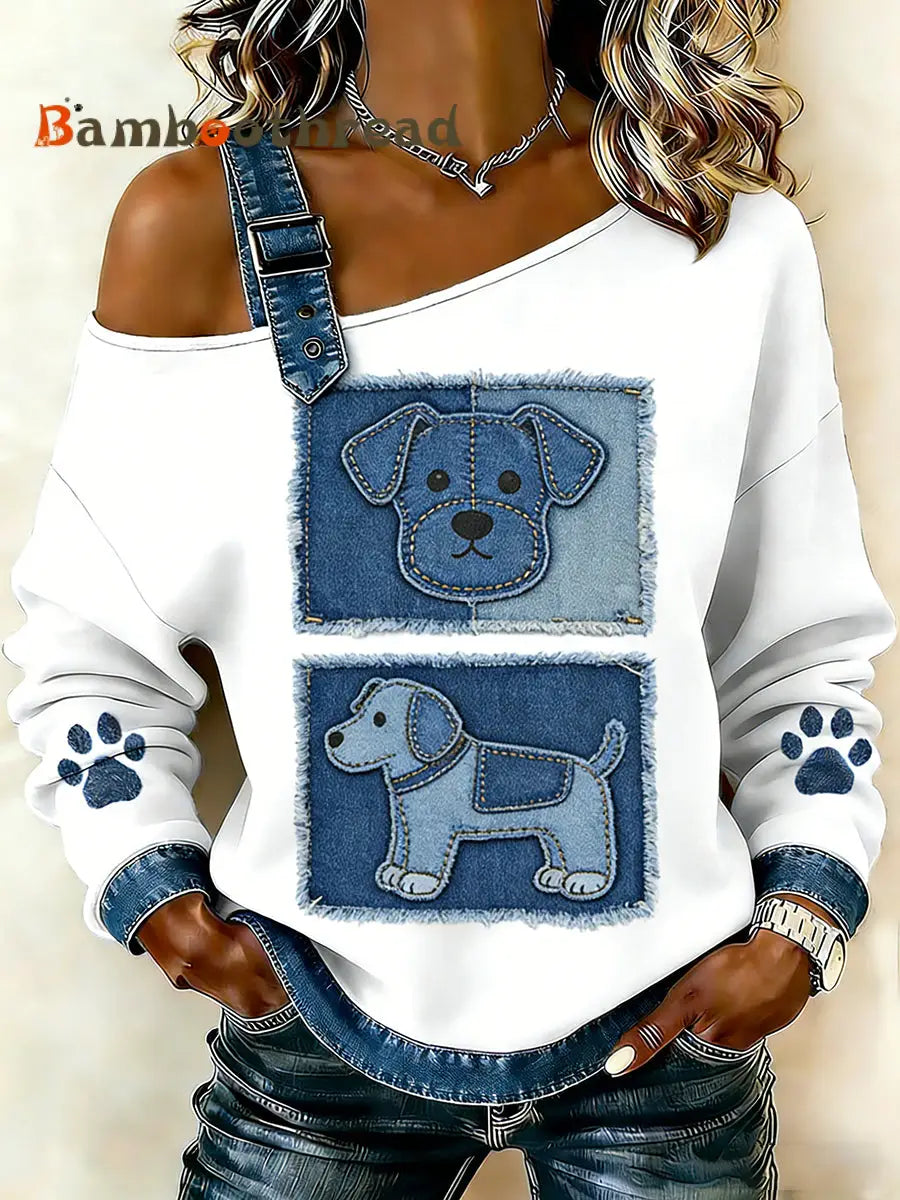 Women’s Cute Animal Print Denim Patchwork Comfortable Top A / S