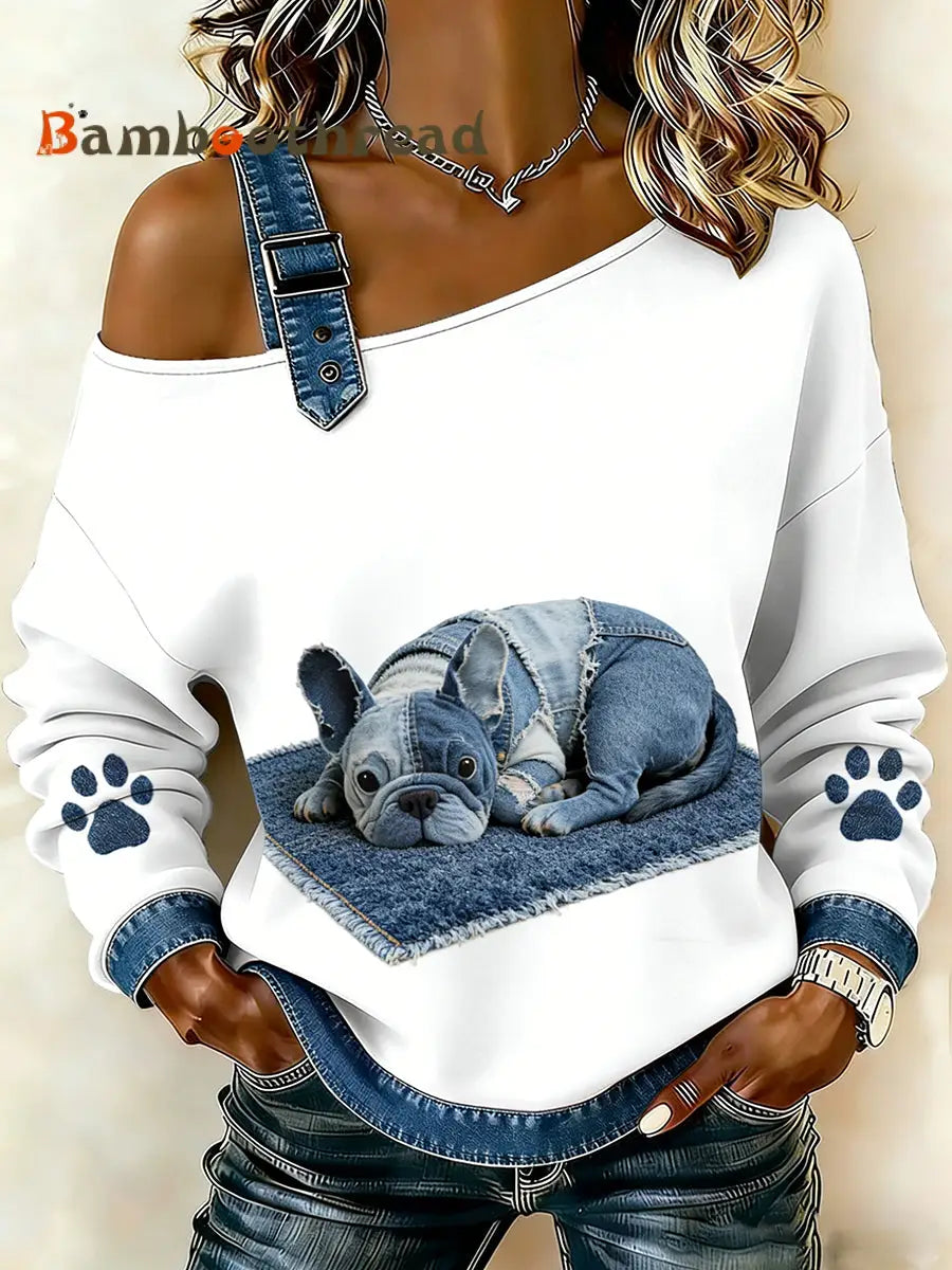 Women’s Cute Animal Print Denim Patchwork Comfortable Top A / S