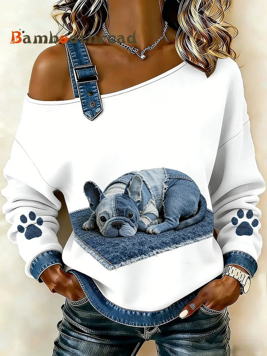 Women’s Cute Animal Print Denim Patchwork Comfortable Top A / S