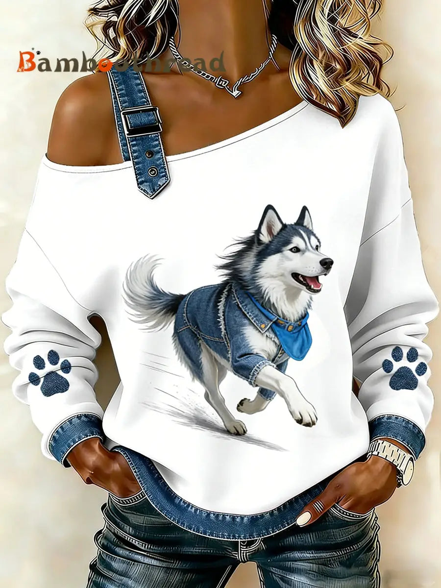 Women’s Cute Animal Print Denim Patchwork Comfortable Top A / S
