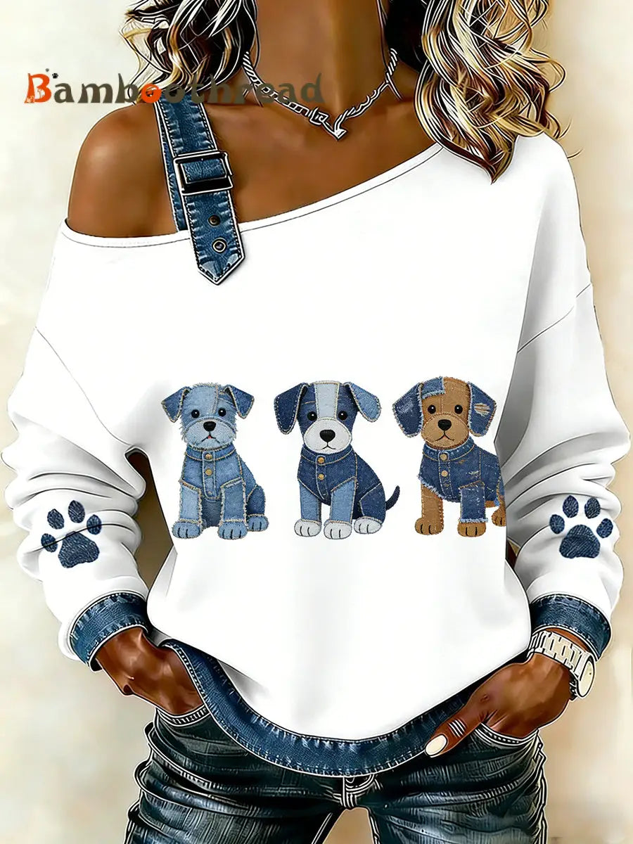 Women’s Cute Animal Print Denim Patchwork Comfortable Top A / S