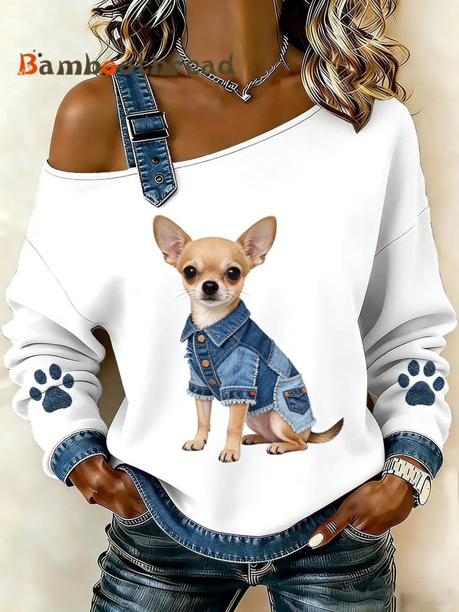 Women’s Cute Animal Print Denim Patchwork Comfortable Top A / S