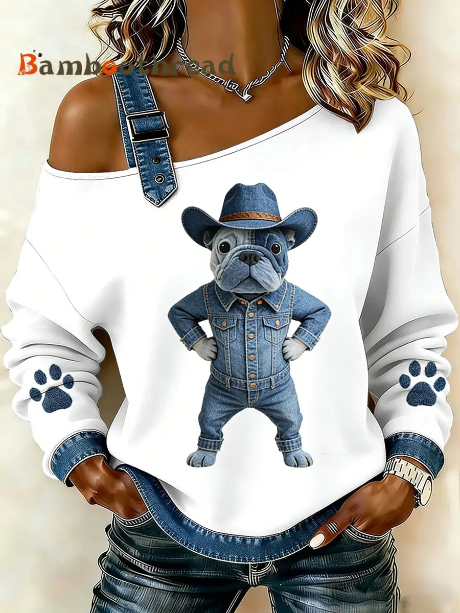 Women’s Cute Animal Print Denim Patchwork Comfortable Top A / S
