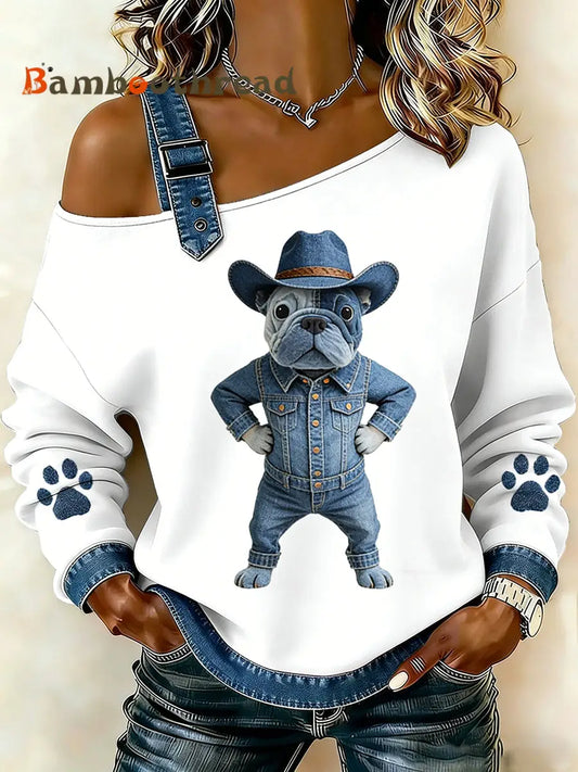 Women’s Cute Animal Print Denim Patchwork Comfortable Top A / S