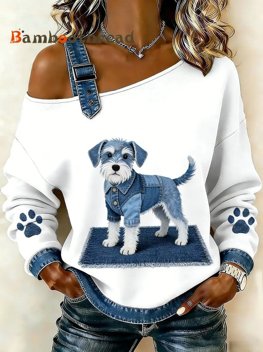 Women’s Cute Animal Print Denim Patchwork Comfortable Top A / S