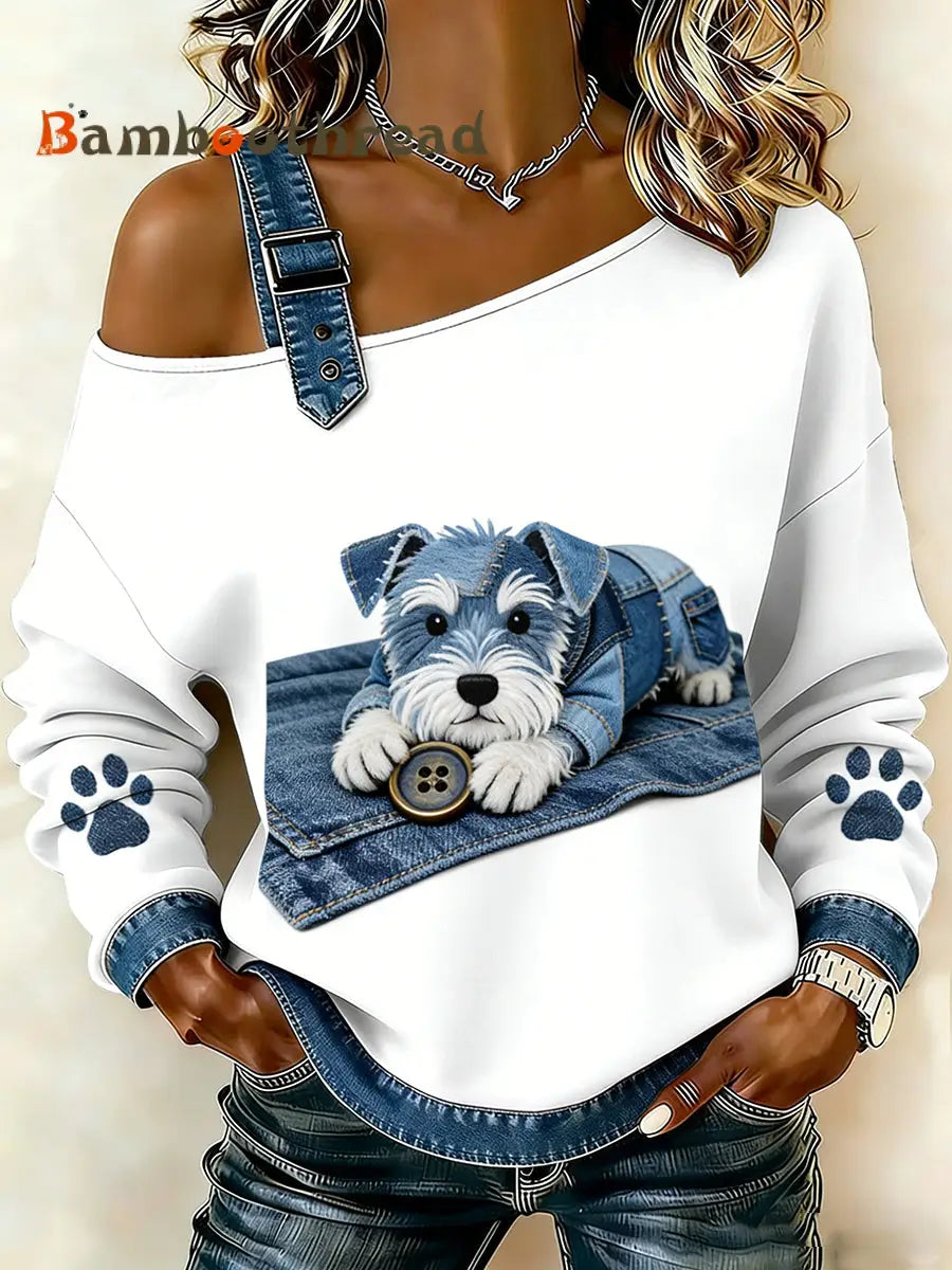Women’s Cute Animal Print Denim Patchwork Comfortable Top A / S