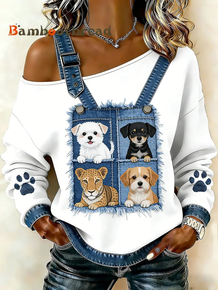 Women’s Cute Animal Print Denim Patchwork Comfortable Top A / S