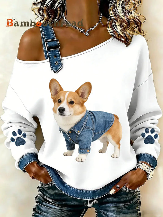 Women’s Cute Animal Print Denim Patchwork Comfortable Top A / S