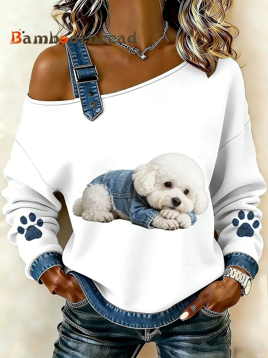 Women’s Cute Animal Print Denim Patchwork Comfortable Top A / S