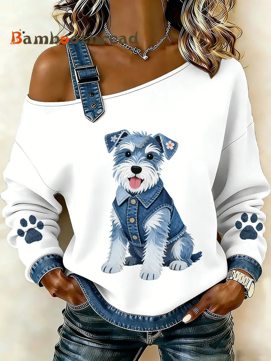 Women’s Cute Animal Print Denim Patchwork Comfortable Top A / S