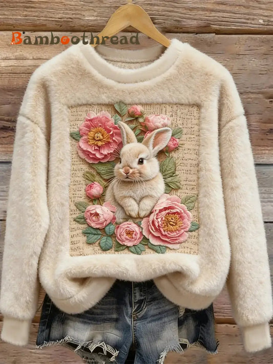 Women’s Cute Bunny Art Round Neck Cozy Flannel Sweatshirt As picture / S