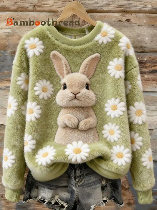Women’s Cute Bunny Art Round Neck Cozy Flannel Sweatshirt As picture / S