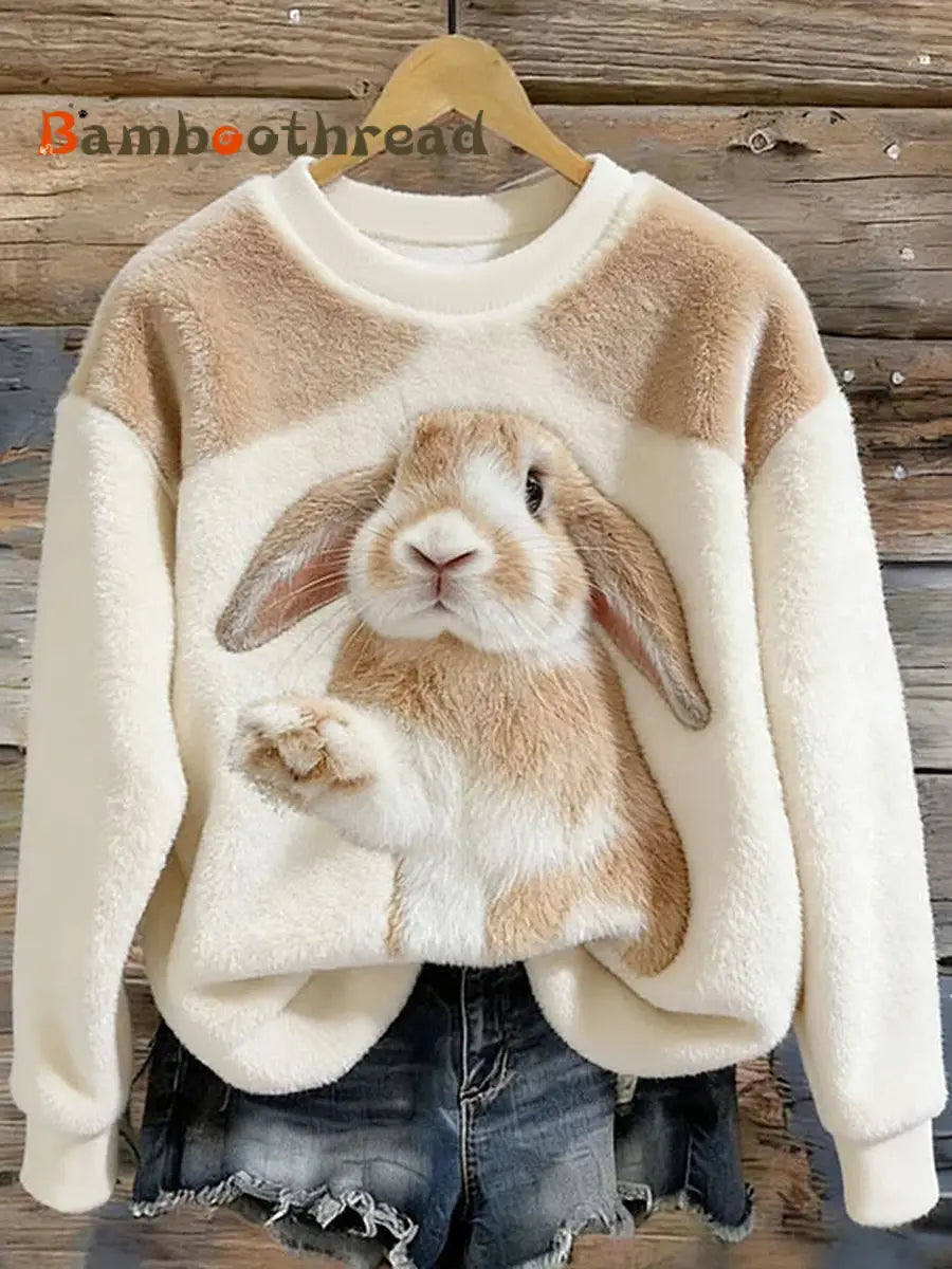 Women’s Cute Bunny Art Round Neck Cozy Flannel Sweatshirt As picture / S