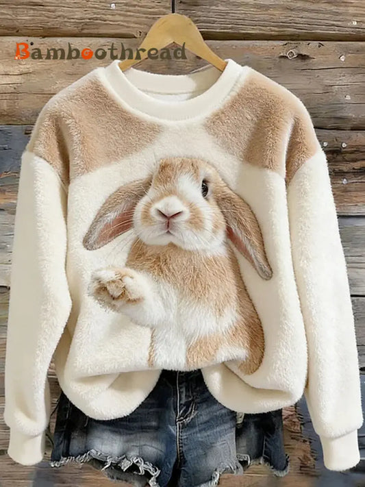 Women’s Cute Bunny Art Round Neck Cozy Flannel Sweatshirt As picture / S