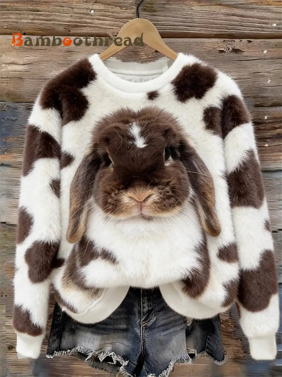 Women’s Cute Bunny Art Round Neck Cozy Flannel Sweatshirt As picture / S