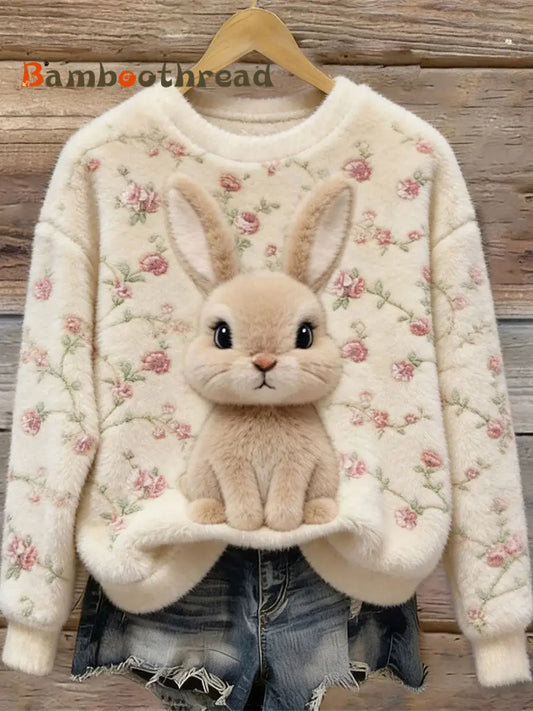 Women’s Cute Bunny Art Round Neck Cozy Flannel Sweatshirt As picture / S
