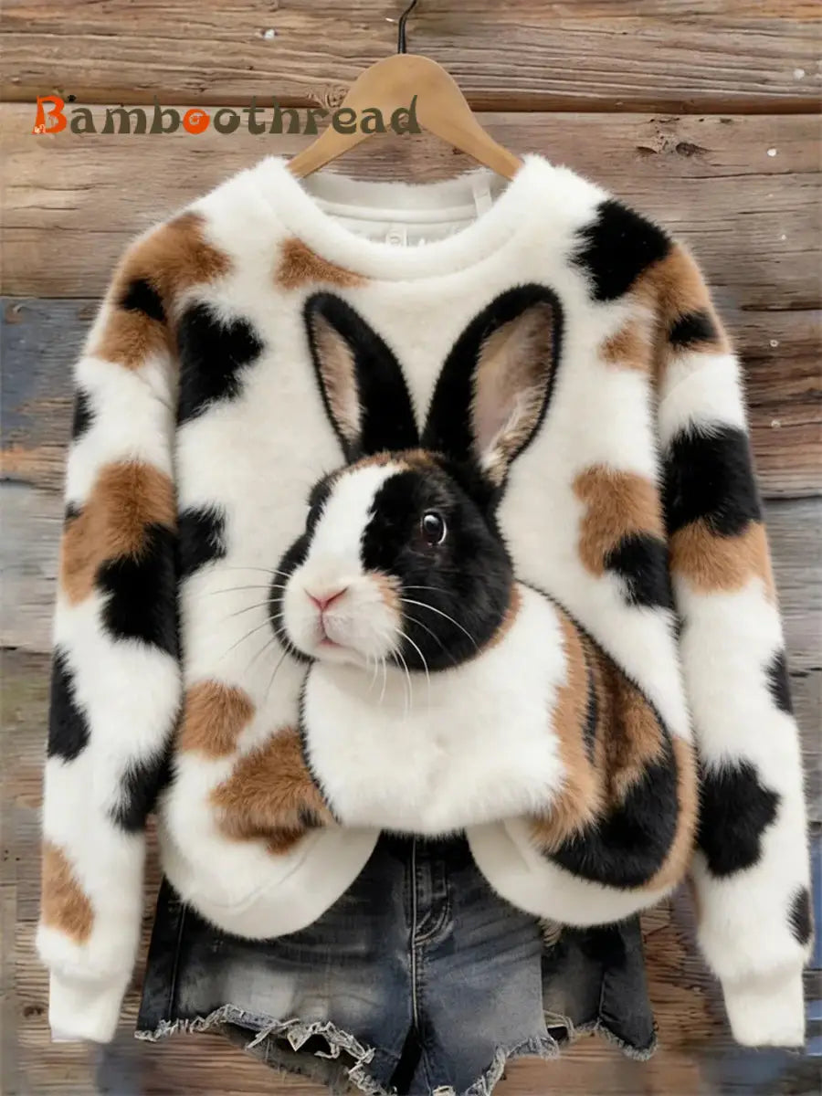 Women’s Cute Bunny Art Round Neck Cozy Flannel Sweatshirt As picture / S