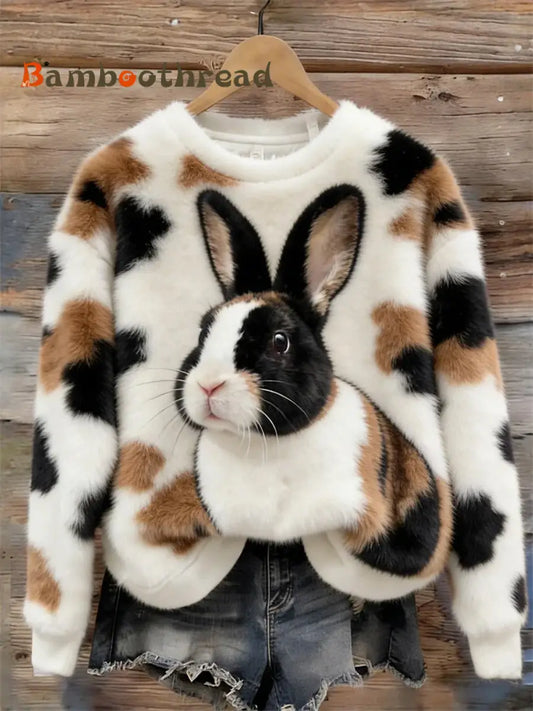 Women’s Cute Bunny Art Round Neck Cozy Flannel Sweatshirt As picture / S