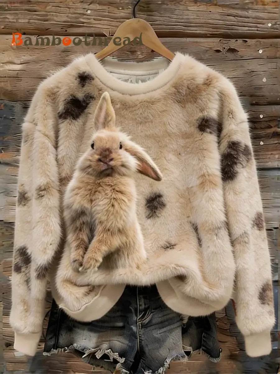 Women’s Cute Bunny Art Round Neck Cozy Flannel Sweatshirt As picture / S