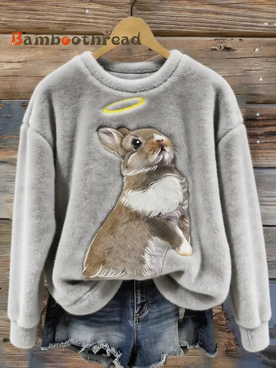 Women’s Cute Bunny Art Round Neck Cozy Flannel Sweatshirt Gray / S