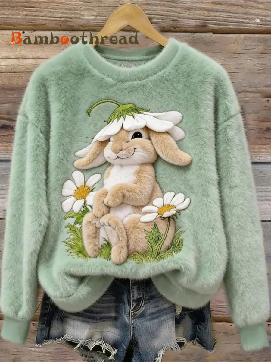 Women’s Cute Bunny Art Round Neck Cozy Flannel Sweatshirt Light Green / S