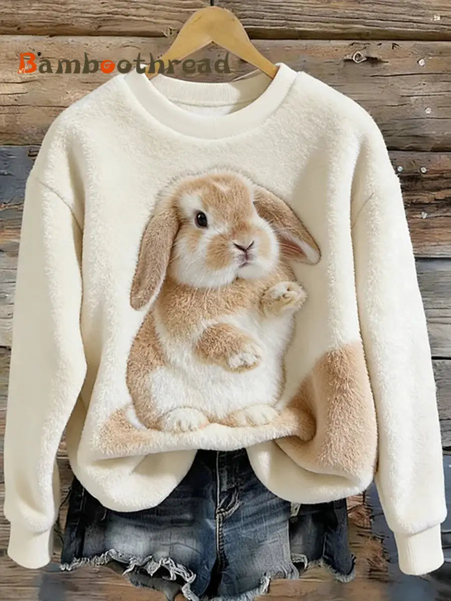 Women’s Cute Bunny Art Round Neck Cozy Flannel Sweatshirt White / S