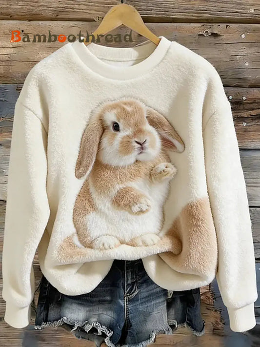 Women’s Cute Bunny Art Round Neck Cozy Flannel Sweatshirt White / S