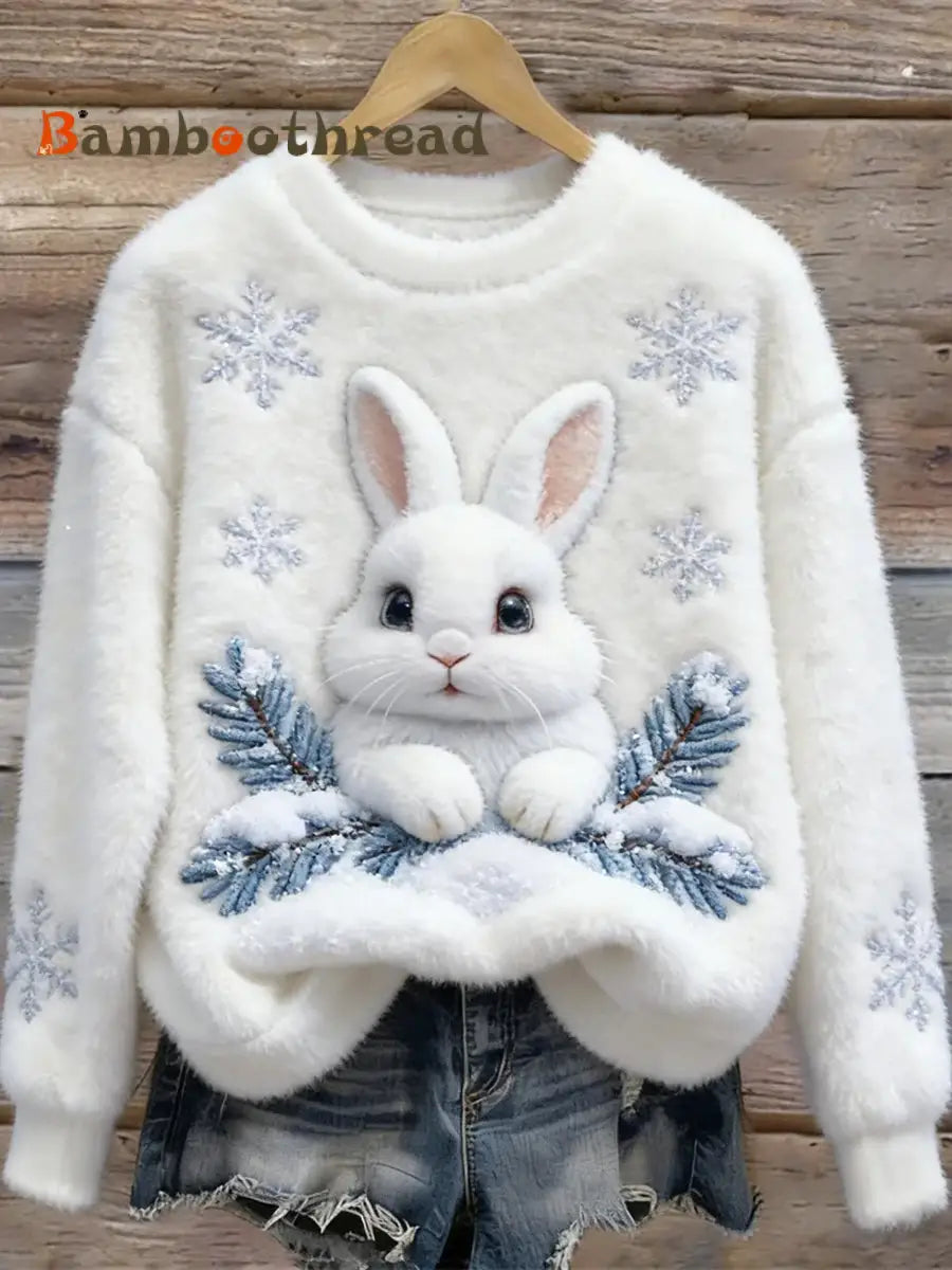Women’s Cute Bunny Art Round Neck Cozy Flannel Sweatshirt White / S