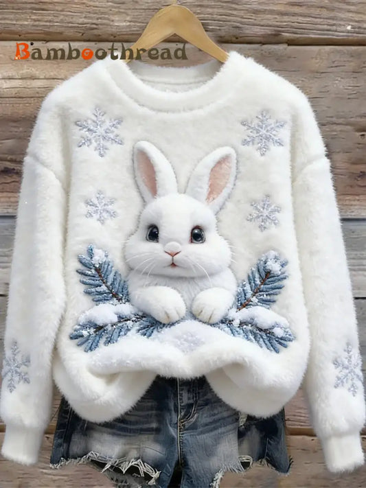 Women’s Cute Bunny Art Round Neck Cozy Flannel Sweatshirt White / S