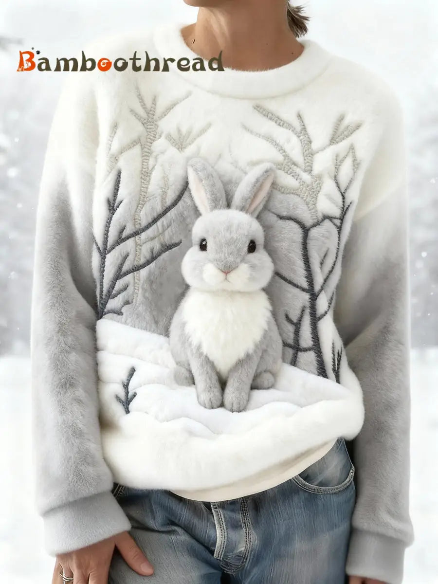 Women’s Cute Bunny Print Casual Flannel Sweatshirt Off-White / S