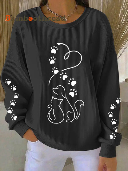 Women’s Cute Cat And Dog Silhouette Print Sweatshirt Black / S