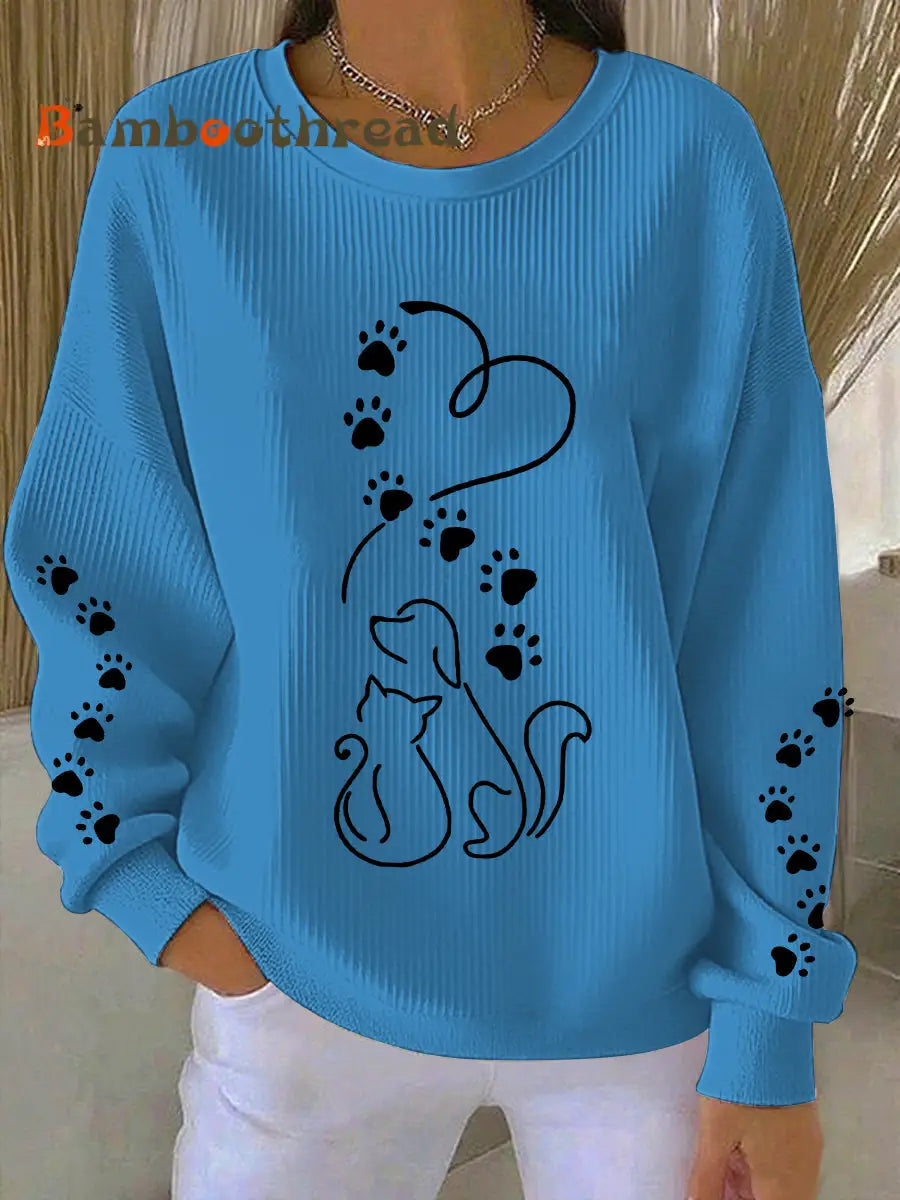 Women’s Cute Cat And Dog Silhouette Print Sweatshirt Blue / S