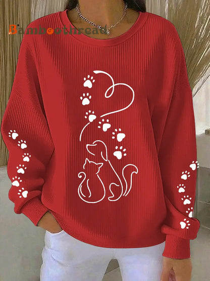 Women’s Cute Cat And Dog Silhouette Print Sweatshirt Red / S