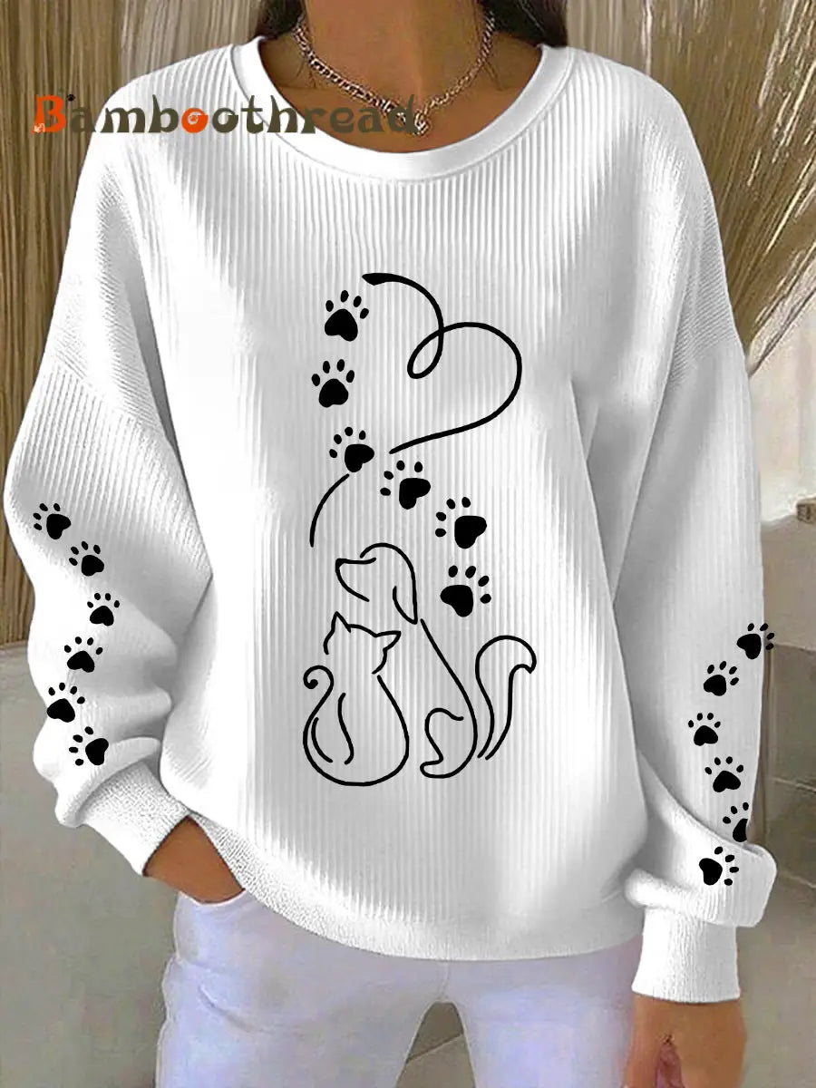 Women’s Cute Cat And Dog Silhouette Print Sweatshirt White / S