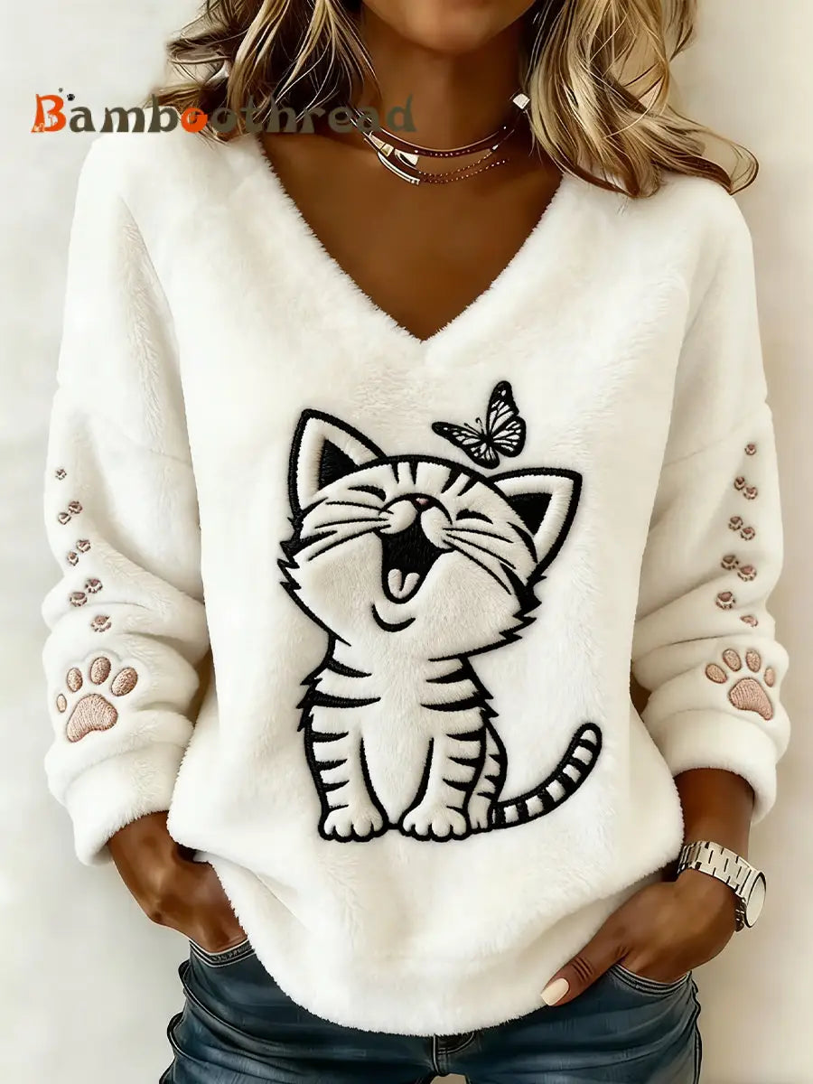 Women’s Cute Cat And Paws Flannel V-Neck Top Creamy-White / S