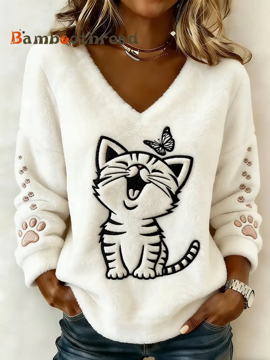 Women’s Cute Cat And Paws Flannel V-Neck Top Creamy-White / S