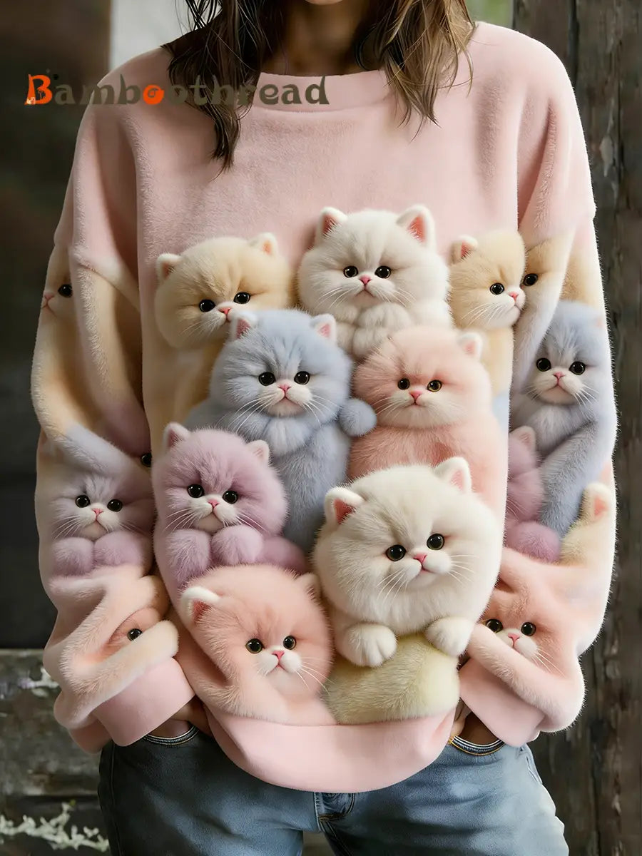 Women’s Cute Cat Art Flannel Hoodie Pink / S