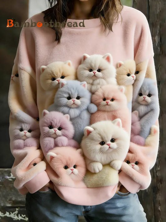 Women’s Cute Cat Art Flannel Hoodie Pink / S