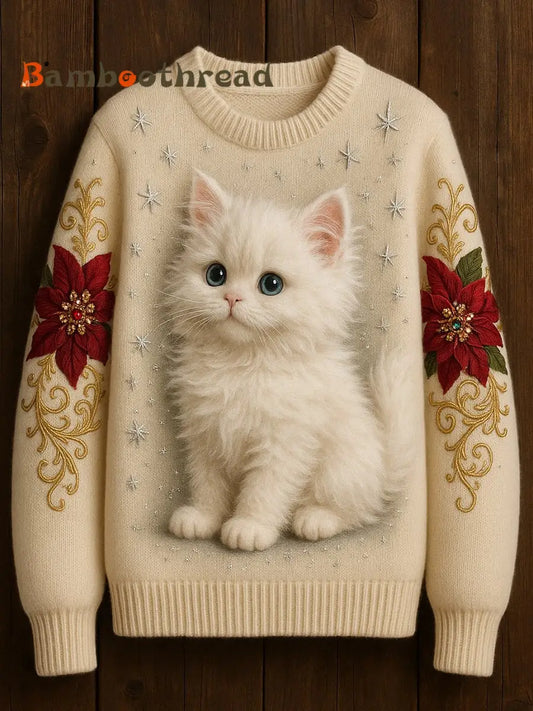 Women’s Cute Cat Art Print Casual Crew Neck Sweater White / S