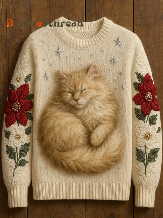 Women’s Cute Cat Art Print Casual Crew Neck Sweater White / S