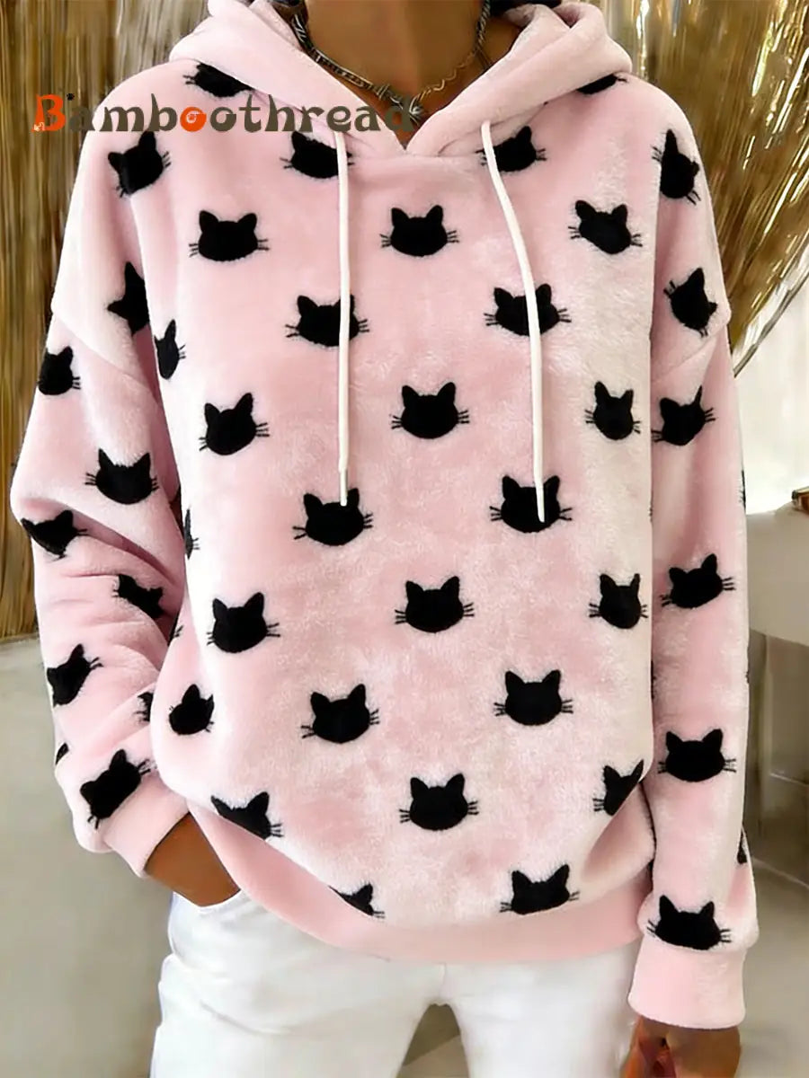 Women’s Cute Cat Art Print Casual Flannel Hoodie As picture / S