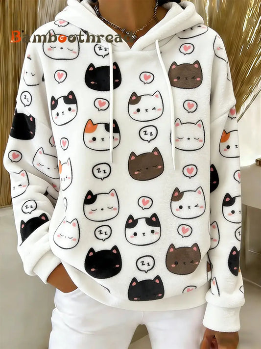 Women’s Cute Cat Art Print Casual Flannel Hoodie As picture / S