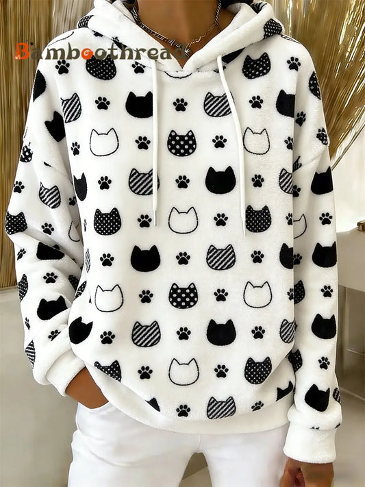 Women’s Cute Cat Art Print Casual Flannel Hoodie As picture / S