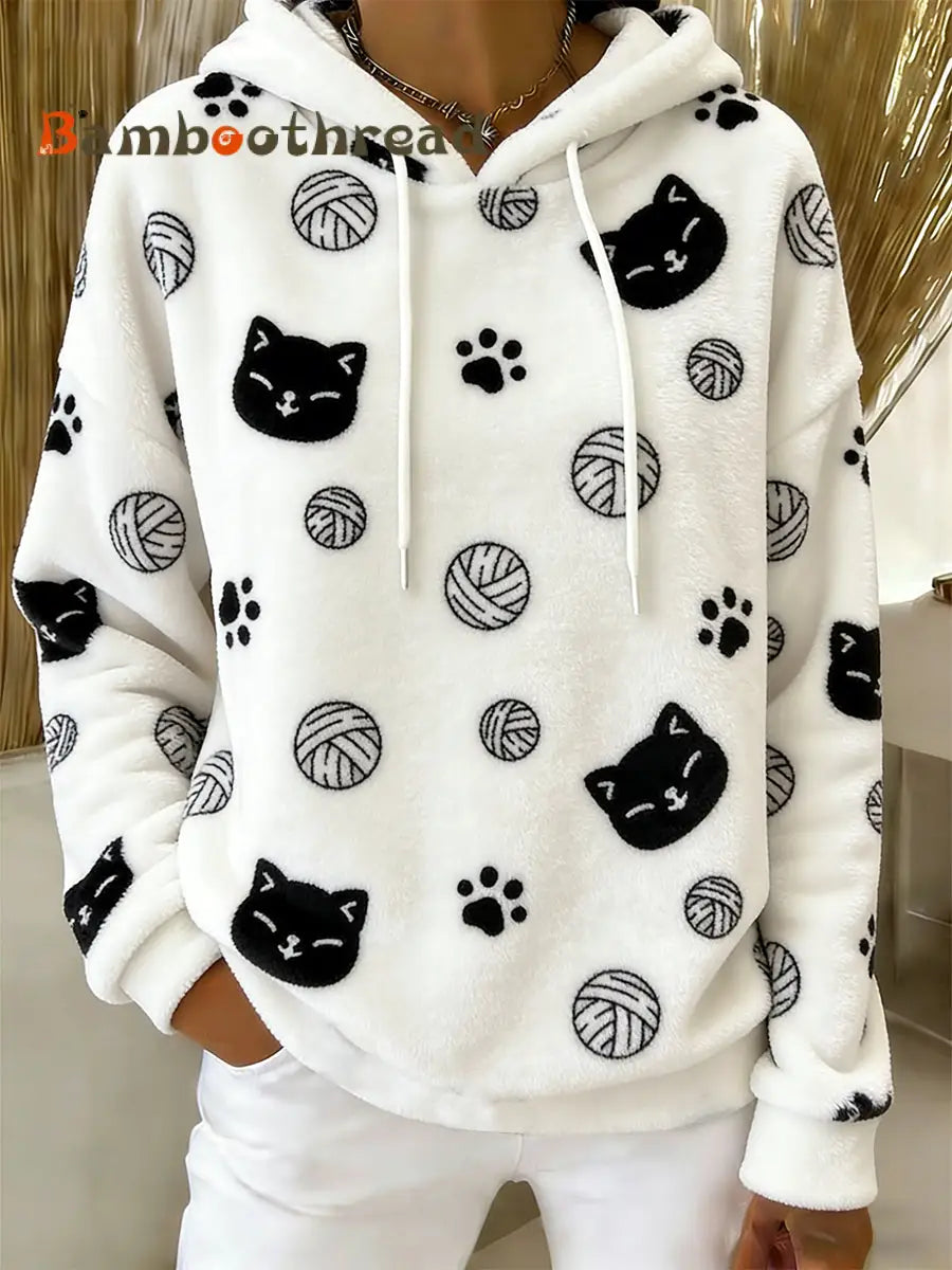 Women’s Cute Cat Art Print Casual Flannel Hoodie As picture / S