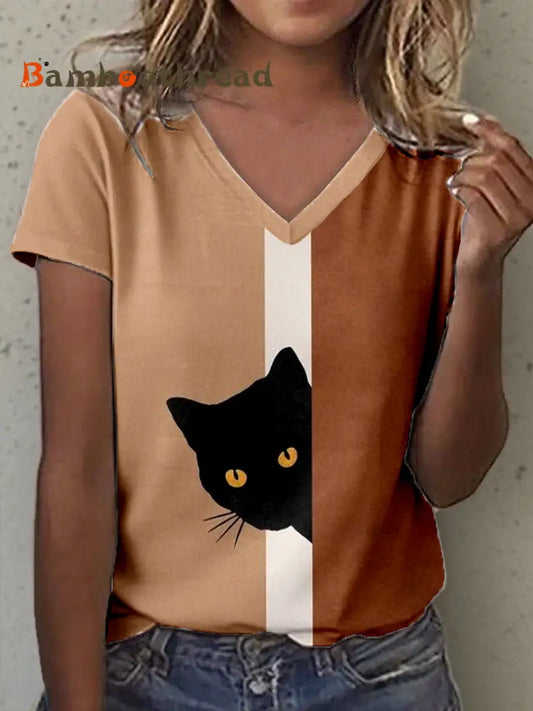 Women’s Cute Cat Art Print V-Neck T-Shirt As picture / S