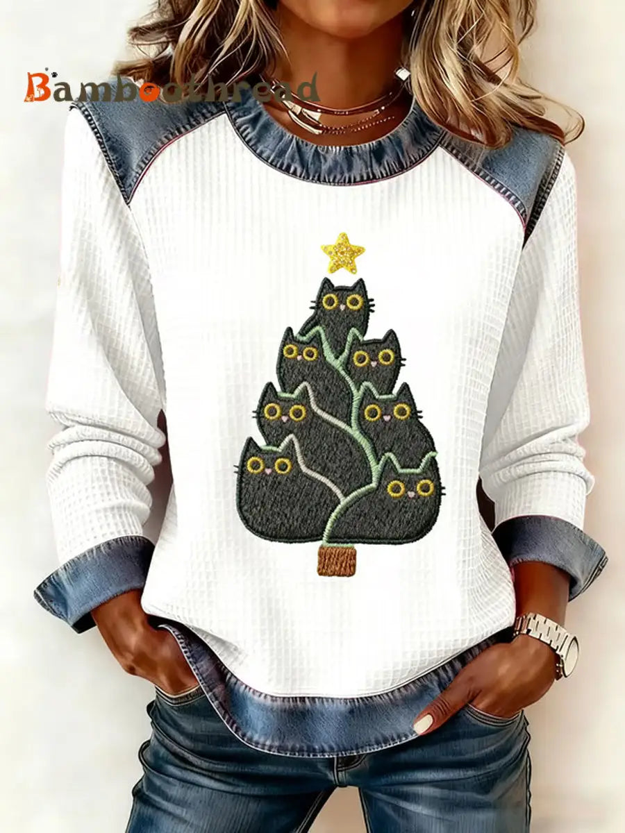 Women’s Cute Cat Christmas Tree Denim Patchwork Top White / S