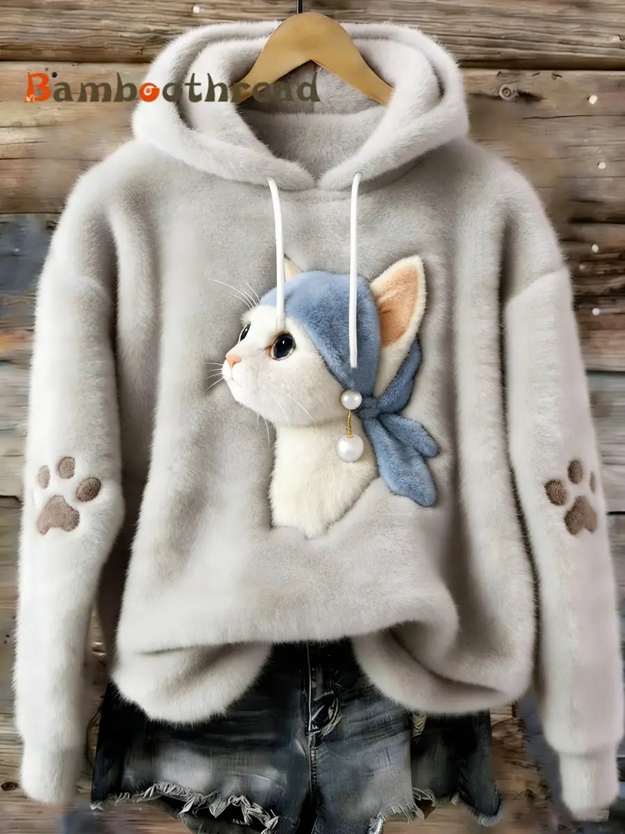 Women’s Cute Cat Cozy Flannel Hoodie Light Gray / S